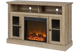 Ameriwood Home Chicago Fireplace TV Stand for TVs up to 50 Inch, Replaceable Electric Fireplace Insert Heater, Realistic Log and Flame Effect, For Living Room or Bedroom, Natural