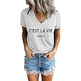 LINDOCITA C'est La Vie Paris Quote Graphic Tee V Neck Summer Cute Trendy Short Sleeve Tshirt Shirts for Women Vacation