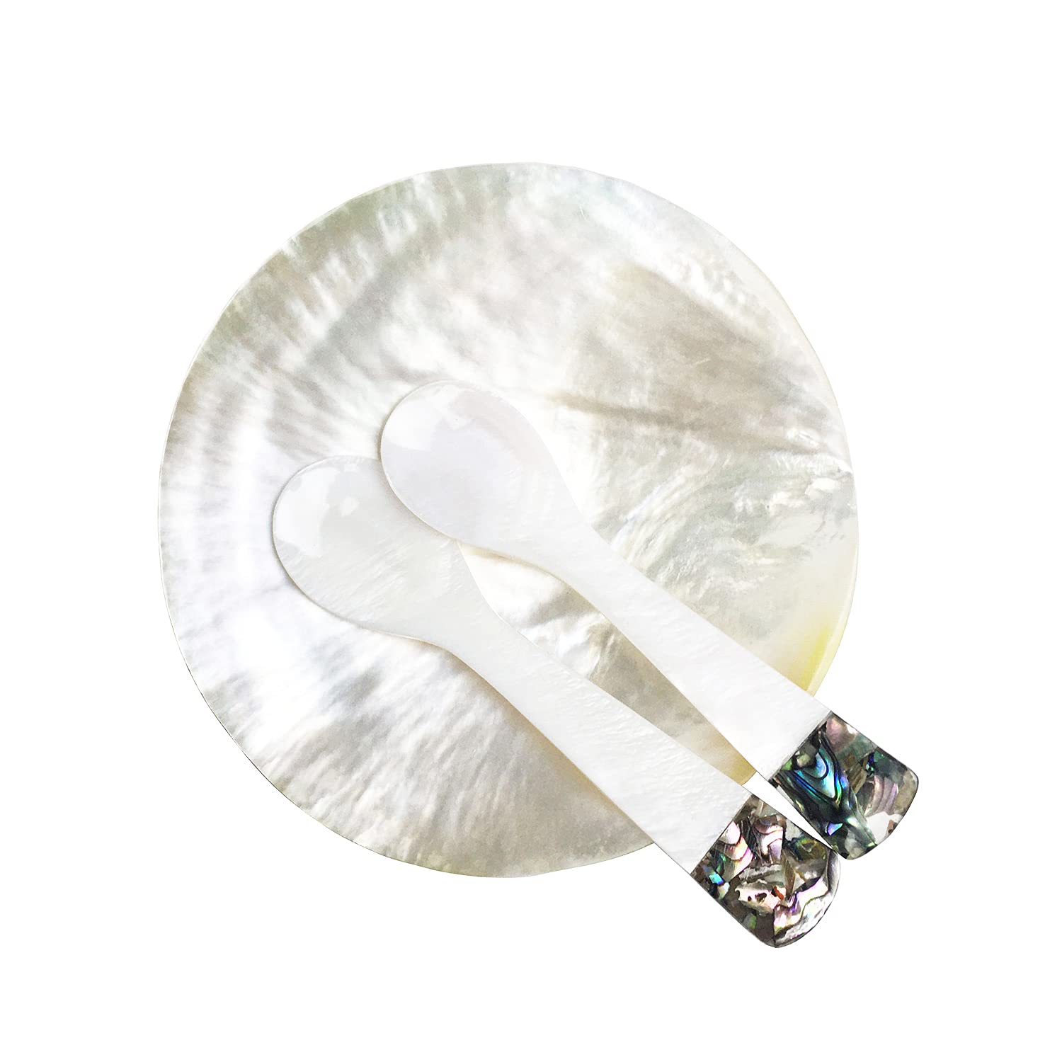 DUEBEL MOP Caviar Server Set, Plate Plus Set of 2 Mother of Pearl Caviar Spoons with Green Abalone 3.5” Decoration for Caviar, Appetizer, Dessert, Egg, Icecream