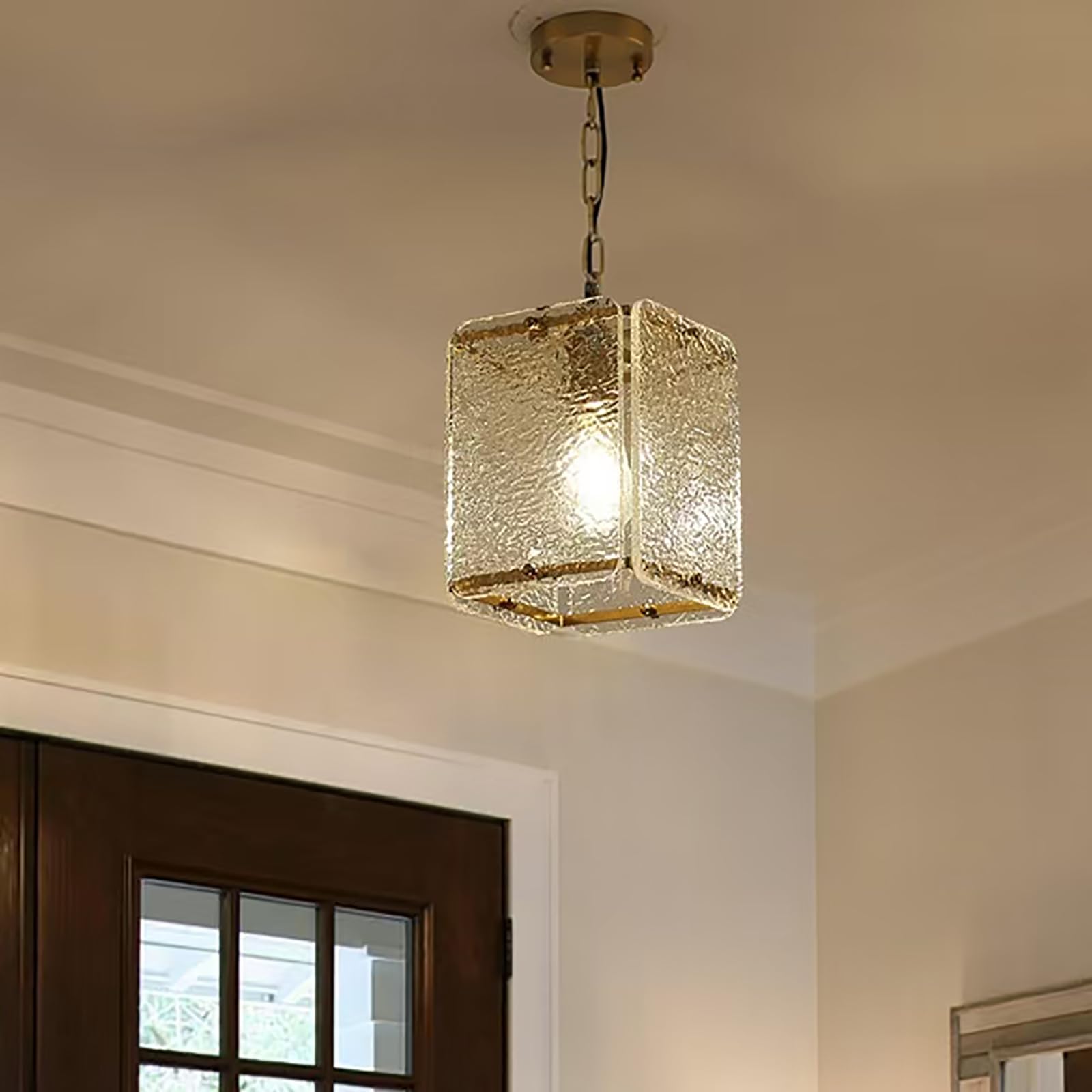 Bicrink Brass Crystal Pendant Light for Kitchen Island Lights- Exquisite Gold Chandelier with Water Ripple Glass - Height Adjustable - Dimmable - Great for Dining Room and Hallway., MT60026