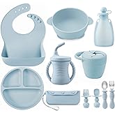 PandaEar Silicone Baby Feeding Set | 11PCS Baby Led Weaning Supplies Self Feeding Utensils | Divided Suction Plate Bowl Bibs Sippy Cup with Baby Food Pouch Snack Container Spoons Forks, Blue