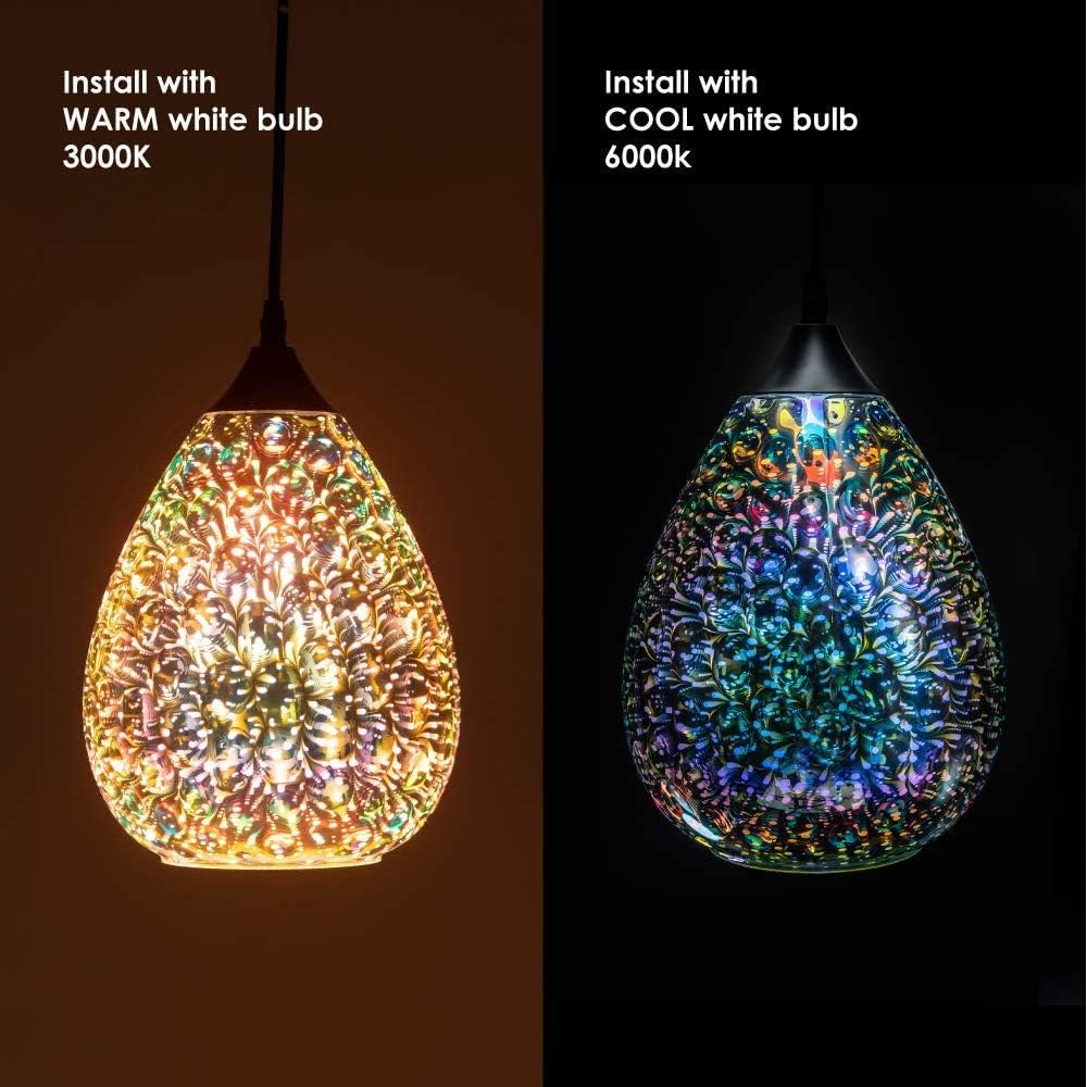 3d Glass Pendant Light, Modern Kitchen Pendant Lighting with Colored Hammered Shade, 3D Reflection Glass Hanging Pendant Ceiling Light Fixture for Living Room Bedroom Island Restaurant Bar, 8in Chrome - - 