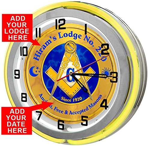 Customized Free Masons 18" Yellow Double Neon Garage Clock from Redeye Laserworks