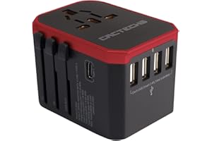 CACTECHS International Universal Travel Adapter Worldwide 4 USB 1 Type C Travel Charger, EU UK European Travel Plug Adapter Europe Power Outlet Converter, Travel Essentials Accessories - Red