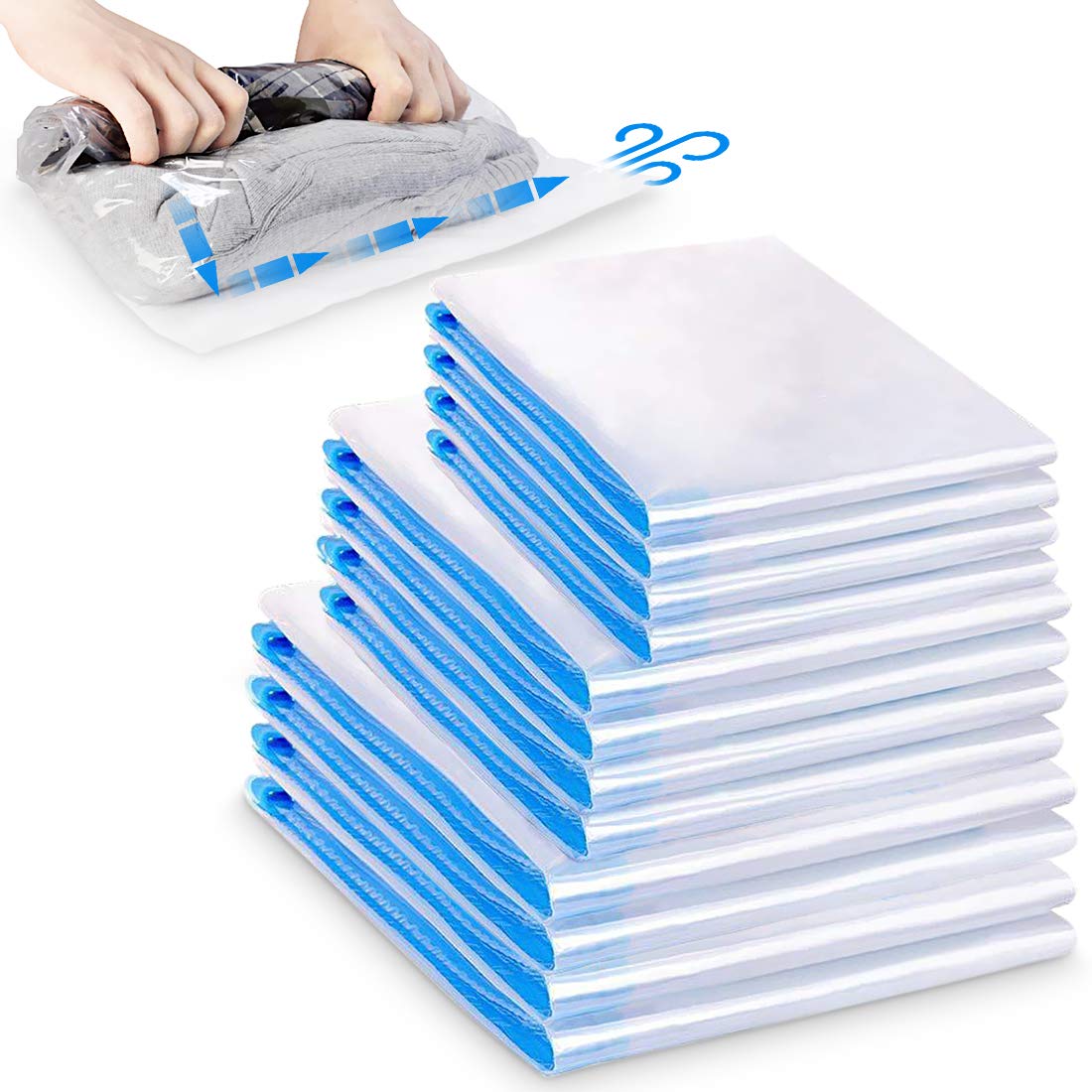 WOSTOO Travel Space Saver Bags 12 Pack - 4*Small + 4*Medium + 4*Large - Hand Roll Up Reusable Vacuum Storage Bags for Clothing, Organizing, Luggage, and Suitcase (No Vacuum or Pump Needed)