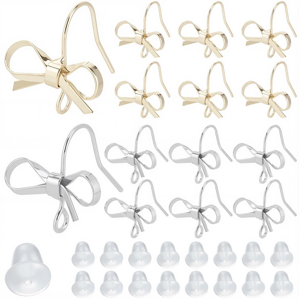 SOFPLATE 1 Box 28Pcs 2 Colors Bow Earring Findings Brass Gold Earring Hooks Bulk Bowtie Shape with Loop and Plastic Nuts Dangle Bow Earrings Wires for jewellery Making Supplies DIY Craft Women Beginn