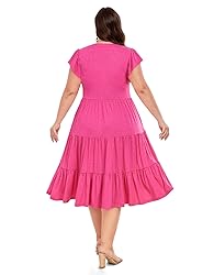 Moon Wood Womens Plus Size V Neck Ruffle Midi Dress