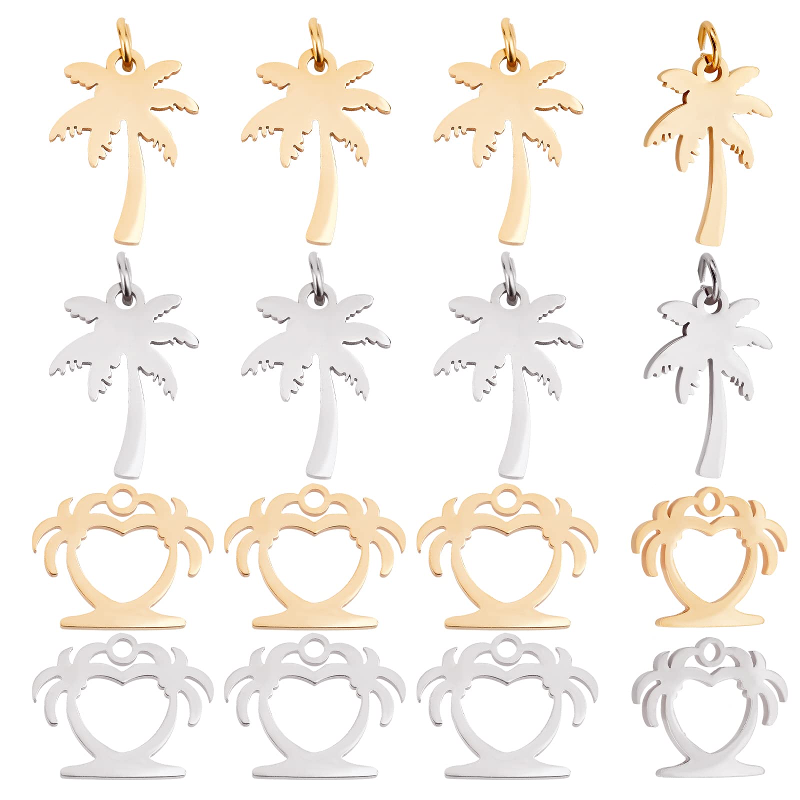 DICOSMETIC 16pcs 2 Styles 2 Colors Coconut Tree Charms Stainless Steel Coconut Palm Charms with Jump Rings Stamping Blank Tree Charms Beach Style Pendants for Jewelry Making,Hole:1.5mm