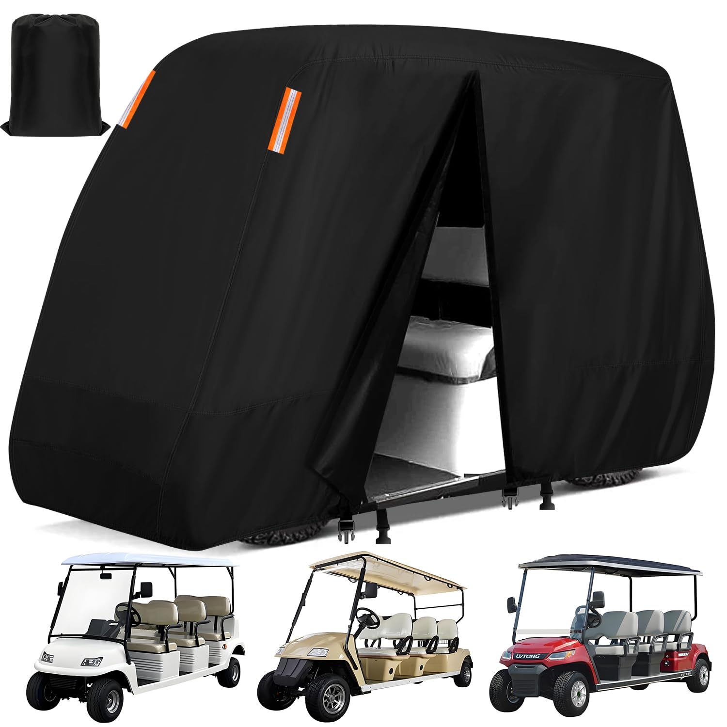 Photo 1 of Golf Cart Cover 6 Passenger,6-Seater Golf Cart Covers Extended Roof Waterproof Outdoor Heavy Duty Weatherproof,Universal fits for Club Car, EZGO, Yamaha,Cushman,Evolution,Star EV-142Lx52Wx73H Inch