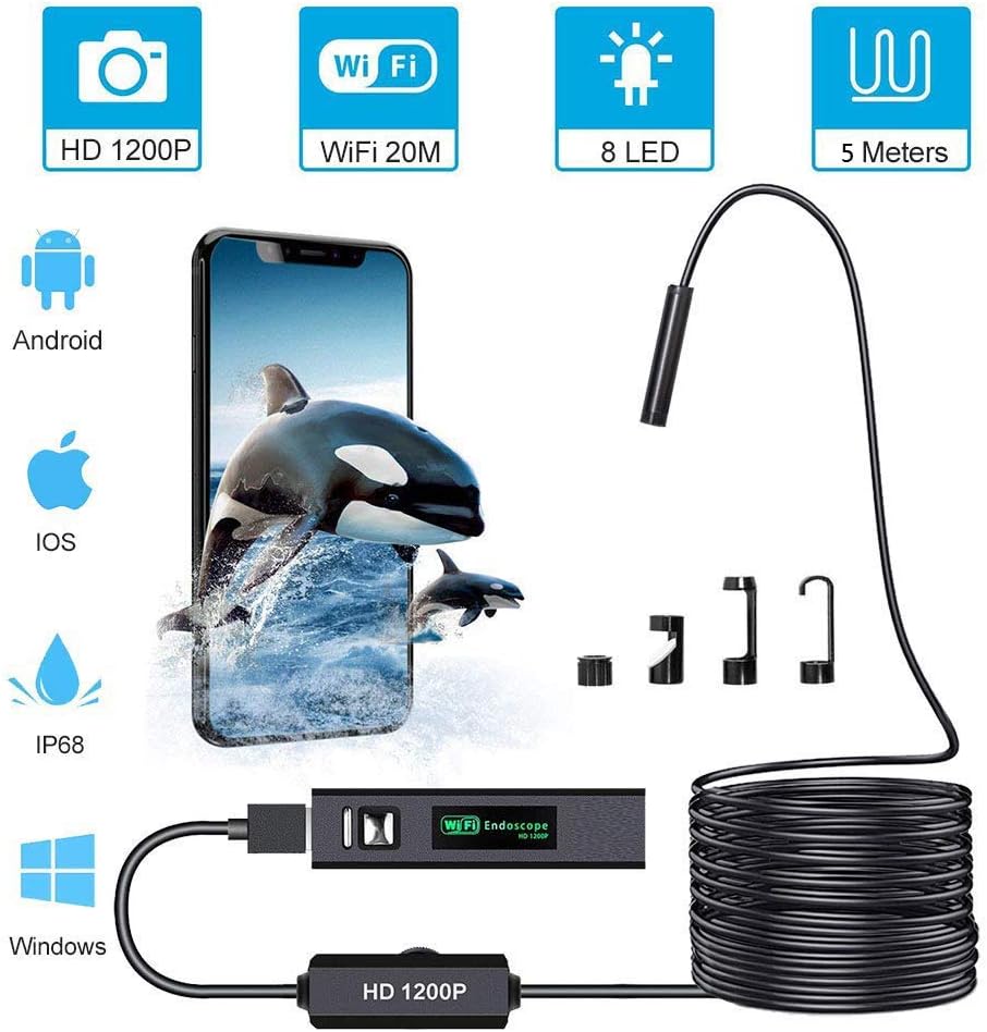 FENGMM Wifi Endoscope, 1200P HD Detection Camera IP67 Waterproof Semi-Steel Cable with 8 Leds for Ios, Iphone, Android, Tablet - 5 Meters