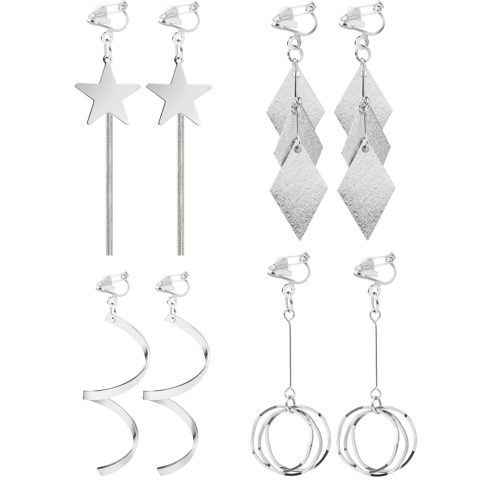 Elicola 4 Pairs Clip On Earrings for Womens Dangle Earrings Not Pierced Star Hoops Earring Silver Wedding Twisted Drop Dangly Earrings Set