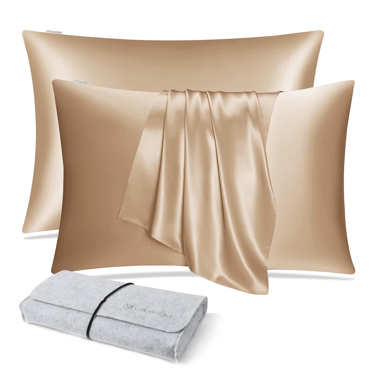 DISANGNI 100% Natural Mulberry Silk Pillow case for Hair and Skin with Hidden Zipper 22 Momme Both Sides Real Silk Pillow Case (2pc 50x75cm, Gold)