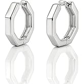 Silver Hexagon Hoop Earrings for Women – Minimalist Geometric Huggie Earrings, Modern Chunky Stud Hoops EAR0019