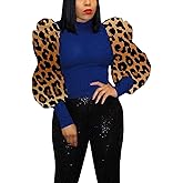 Ophestin Women's Sexy Puff Long Sleeve Tops Ribbed Ruched Crewneck Slim Fit Party Blouse T Shirts Pullover Top