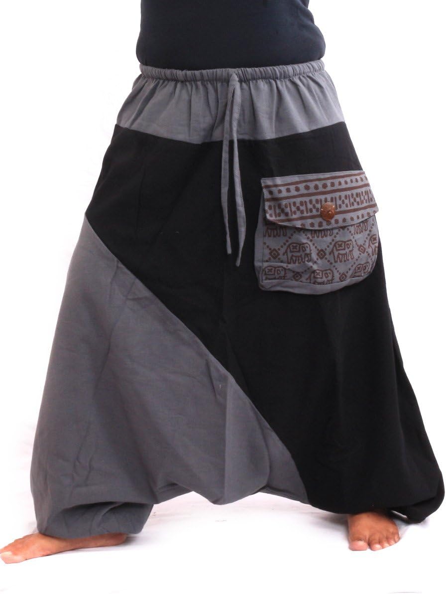 jing shop Aladdin Baggy Pants with Large Side Pocket and Elephant Print One Size Black/Grey