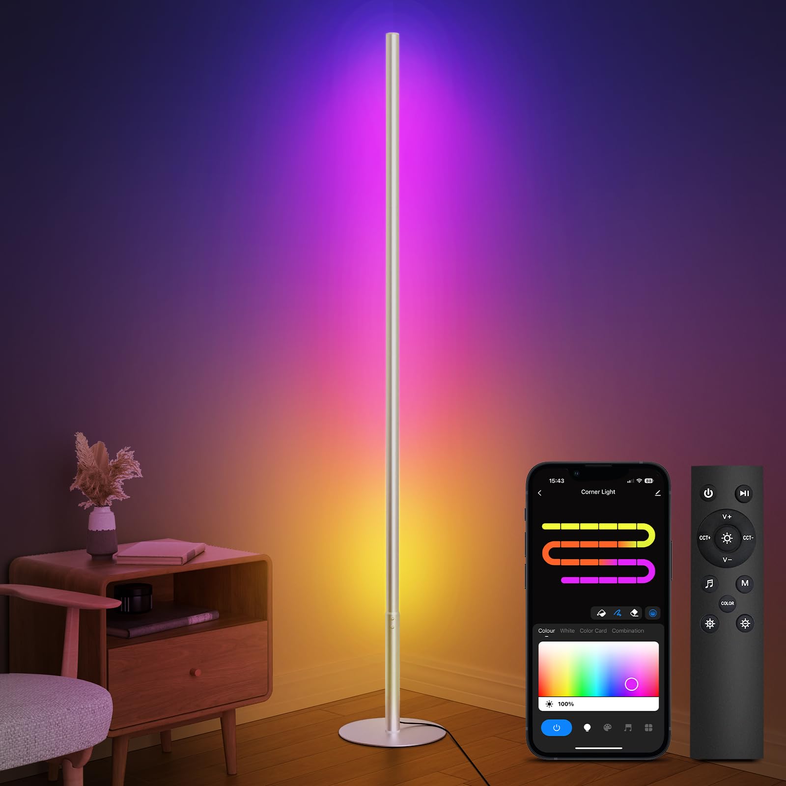 Photo 1 of RGBW Floor Lamp, Smart LED Corner Lamp with WiFi APP Remote Control, Compatible with Alexa, 2700k-6500k Color Changing Standing Lamp for Bedroom Game Room, Modern Floor Lamp for Living Room Silver