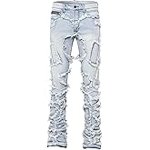 Men's Hip Hop Denim Ripped Dilapidated Mid Rise Stretch Straight Leg Jeans with Pockets