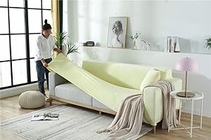 VANNAWONG One Piece Velvety Flexible Fit Sofa Slip Cover, Solid Color Elastic Loveseat Furniture Protection Couch Wrap, Non Slip Loveseat Covers for Living Room Light Yellow 92"-118"