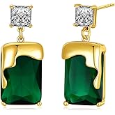 PHNIBIRD Emerald Earrings with Gold Melting Shape Elegant Solitaire Cubic Zirconia Green Earrings for Women Dangle