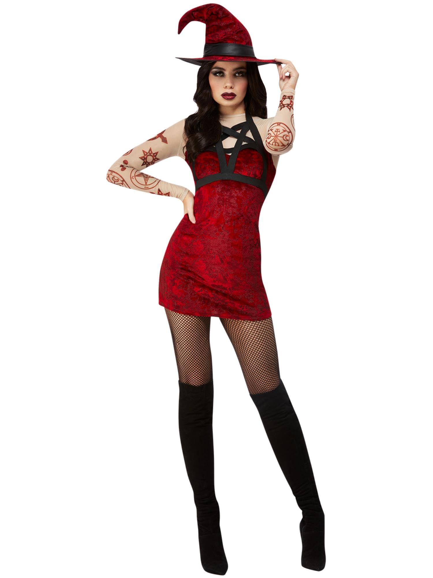 Smiffys Fever Satanic Witch Costume, Red Dress, Hat and Removable Shoulder Harness, Fever Fancy Dress, Fever Dress Up Costumes