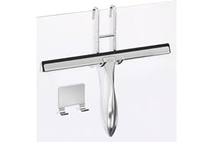 NOVSIX 12 Inch Silver All-Purpose Stainless Steel Shower Squeegee for Shower Glass Door with 2 Hooks (Adhesive & Regular), Bathroom Cleaner Tool, Window & Mirror Squeegee for Tile Walls, Car Glass Surfaces