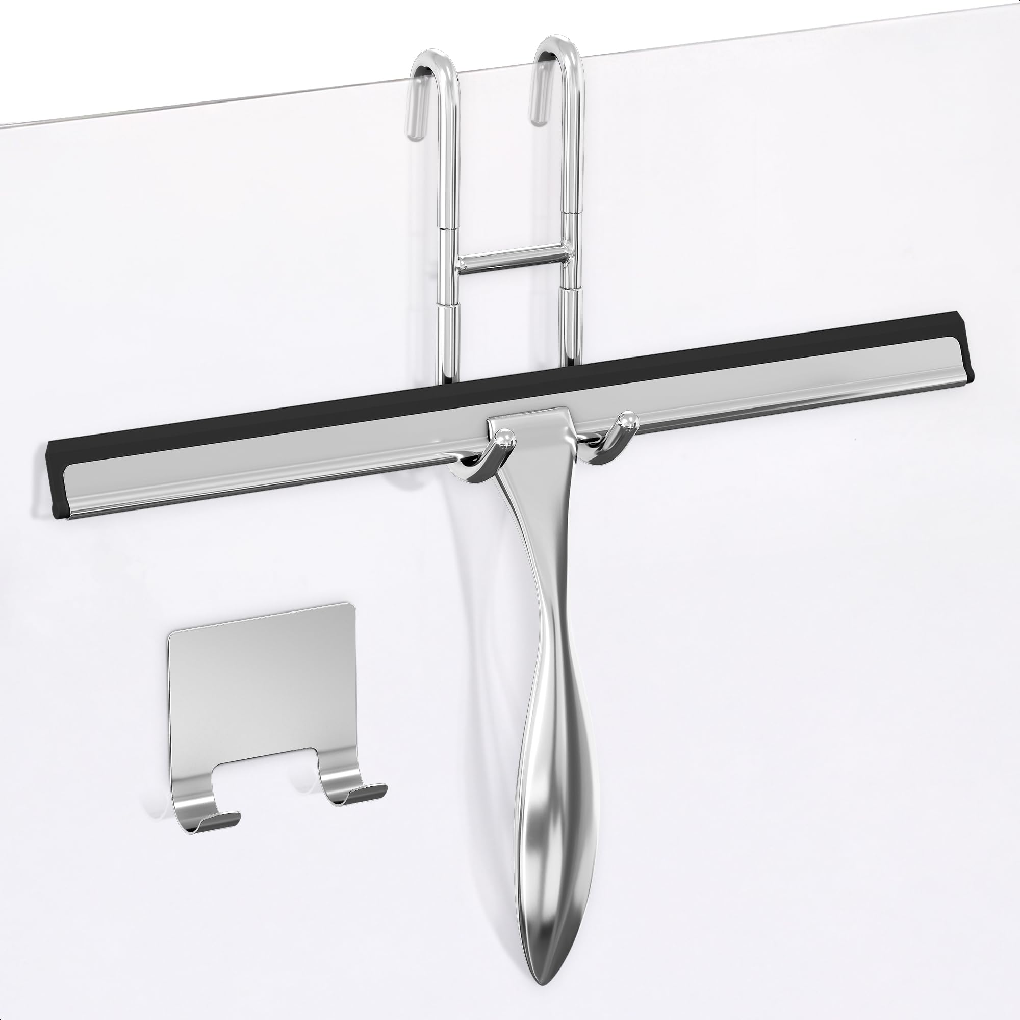 Photo 1 of 12 Inch Silver All-Purpose Stainless Steel Shower Squeegee for Shower Glass Door with 2 Hooks (Adhesive & Regular), Bathroom Cleaner Tool, Window & Mirror Squeegee for Tile Walls, Car Glass Surfaces