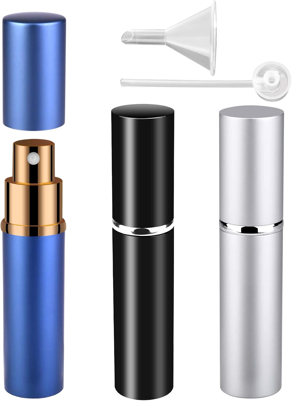 Zingso 3x 10ml Refillable Travel Perfume Atomiser Bottles Black Silver Blue