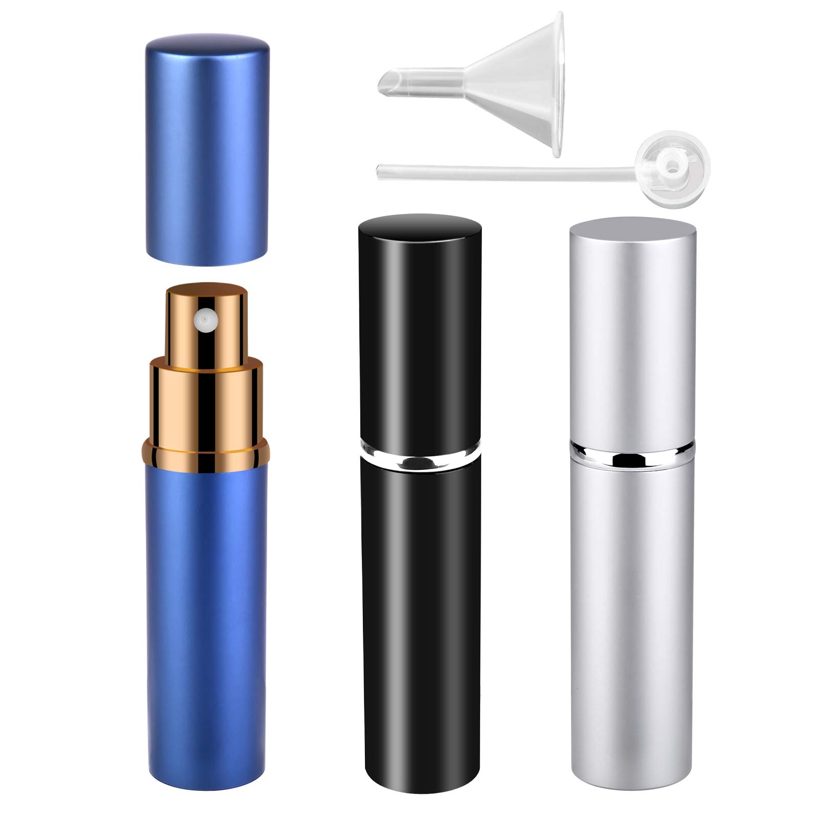 Zingso Refillable Travel Perfume Atomiser Bottles, 3 Pcs 10ml Mini Portable Spray Bottles Refillable Perfume Aftershave Atomiser Empty Travel Bottles with Funnel (10ml (Black+Silver+Blue))