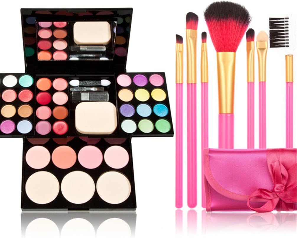 Makeup Brushes Cosmetic Palette Set TimeSong Professional Makeup Palette Kit （Include: Eyeshadow & Blusher & Face Powder & Lip Gloss) + Makeup Brushes Set (7pcs Pink Brushes)