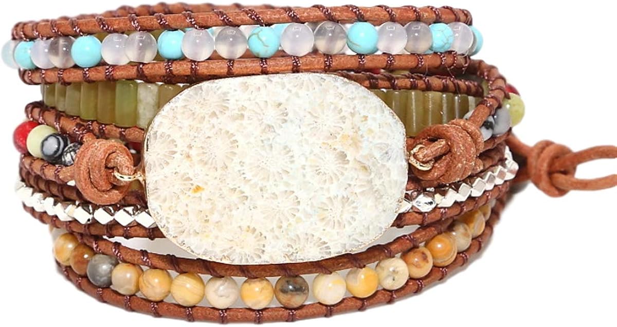 Starto 5 Wrap Bracelet Handmade Natural Stone Jasper Druzy Leather Boho Bracelets Jewelry (Green Opal): Clothing