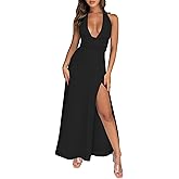 Women's Sexy V Neck Halter Maxi Dress Ruched Waist Tie Backless Summer Flowy Slit Wedding Cocktail Party Long Dresses