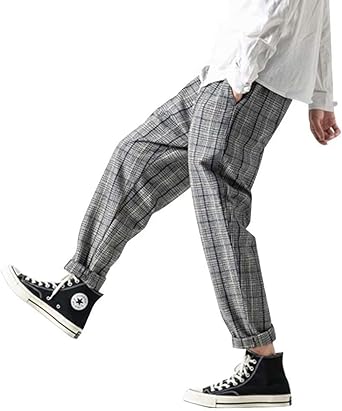 Amazon Vicalled メンズ ロングパンツ チェックパンツ 厚手 ワイドパンツ 総柄 サルエルパンツ 大きいサイズ ゆったり コットン 秋冬 暖かい おしゃれ ブラック 男女兼用 ロングパンツ 通販