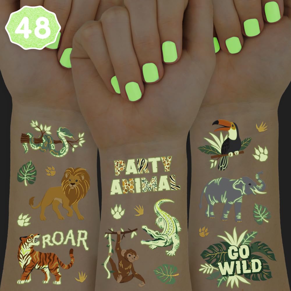 xo, Fetti Jungle Animal Glow in Dark Temporary Tattoos for Kids - 48 Pcs | Elephant Party Decorations, Wild Animal Birthday Party Supplies, Giraffe Favors, Safari Baby Shower, Tiger