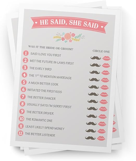 Amazon Com Printed Party He Said She Said Bridal Shower Game