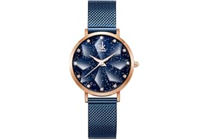 SHENGKE Creative Starry Star Women Watch with Stainless Steel Mesh Band Genuine Leather Elegant Women Watches