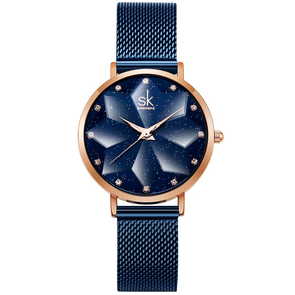 SHENGKE Creative Starry Sky Women Watch with Stainless Steel Mesh Band Genuine Leather Elegant Floral Women Watches(Starry-Mesh Band-Blue)