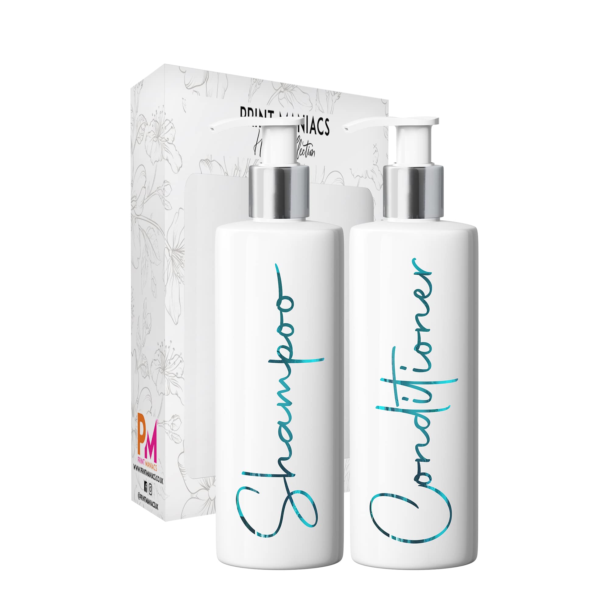 Print Maniacs Mrs Hinch Inspired White Personalised Dispenser Pump Bottles Shampoo Conditioner 2 Set F2 (Teal)