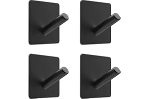 SAYONEYES Matte Black Self Adhesive Towel Hooks for Bathroom Wall Door Mounted - SUS304 Stainless Steel Strong Strips Stick on 3M Wall Hooks for Hanging Coat, Hat, Bag, Key, Jacket – 4 Pack