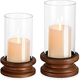 Hewory Hurricane Glass Candle Holder: 2PCS Rustic Brown Candle Holders for Pillar Candles, Vintage Decorative Wood Stand with Clear Glass Cover for Weddings Christmas Table Centerpiece Home Decor