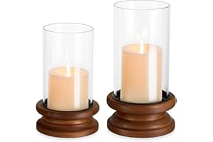 Hewory Hurricane Glass Candle Holder: 2PCS Rustic Brown Candle Holders for Pillar Candles, Vintage Decorative Wood Stand with Clear Glass Cover for Weddings Christmas Table Centerpiece Home Decor