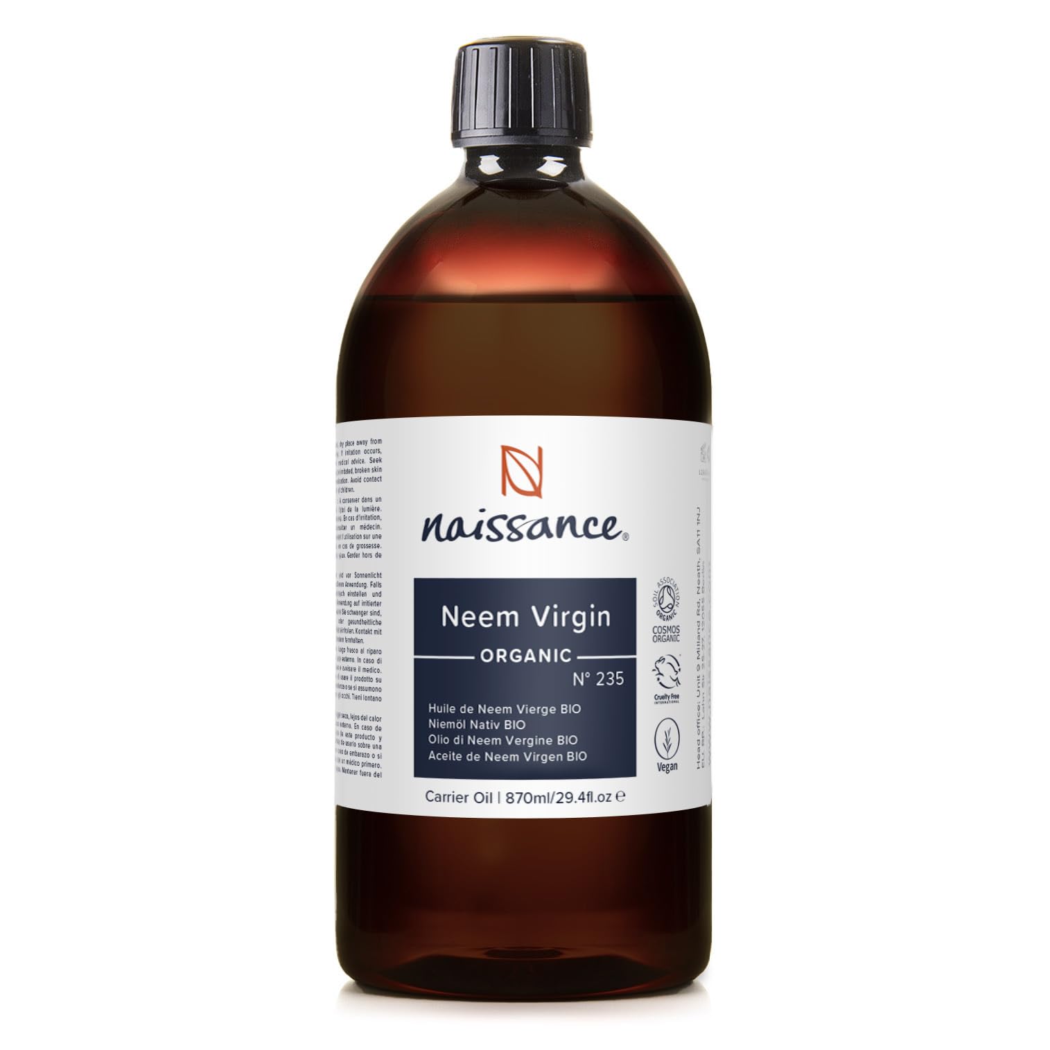 Naissance Organic Cold-Pressed Virgin Neem (no. 235) 870 ml - Pure, Natural, Unrefined, Certified Organic, Vegan, No GMO