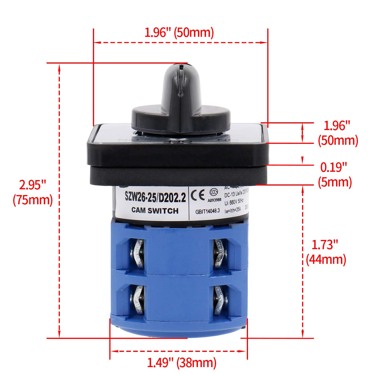 Heschen Universal Rotary Cam Selector Changeover Switch, SZW26-20/B202.2, (ON)-OFF-(ON), Momentary Type, 660V 20A, 3 Position - Image 5