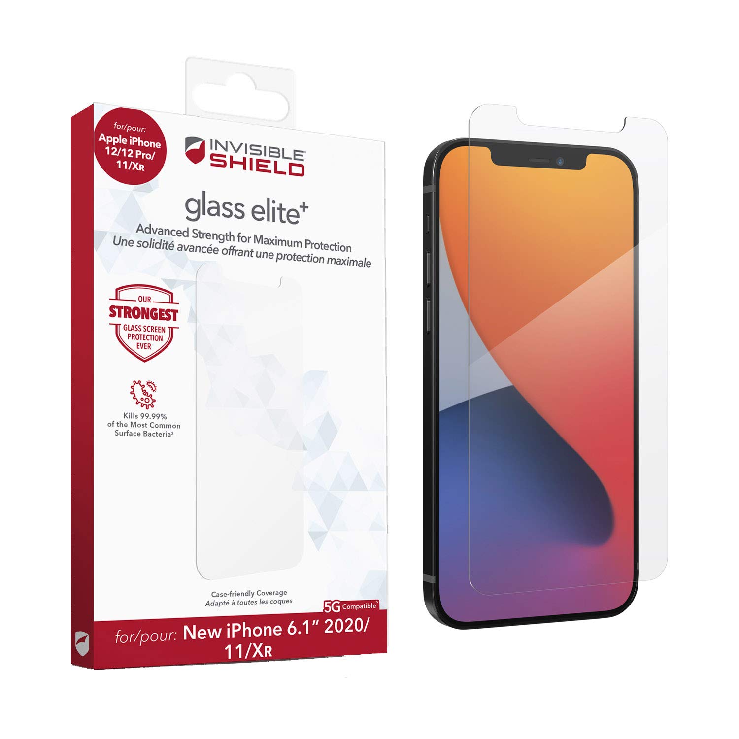 ZAGG InvisibleShield Glass Elite+ for the Apple iPhone 12/12 Pro/11/XR (Screen)- Anti-microbial, Impact Protection, Smudge Free, Scratch Resistant