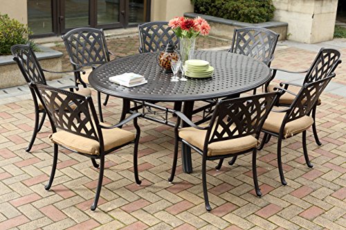 Darlee 201630-9PC-99LD Ocean View Cast Aluminum 9 Piece Round Dining Set and Cushions, 71", Antique Bronze