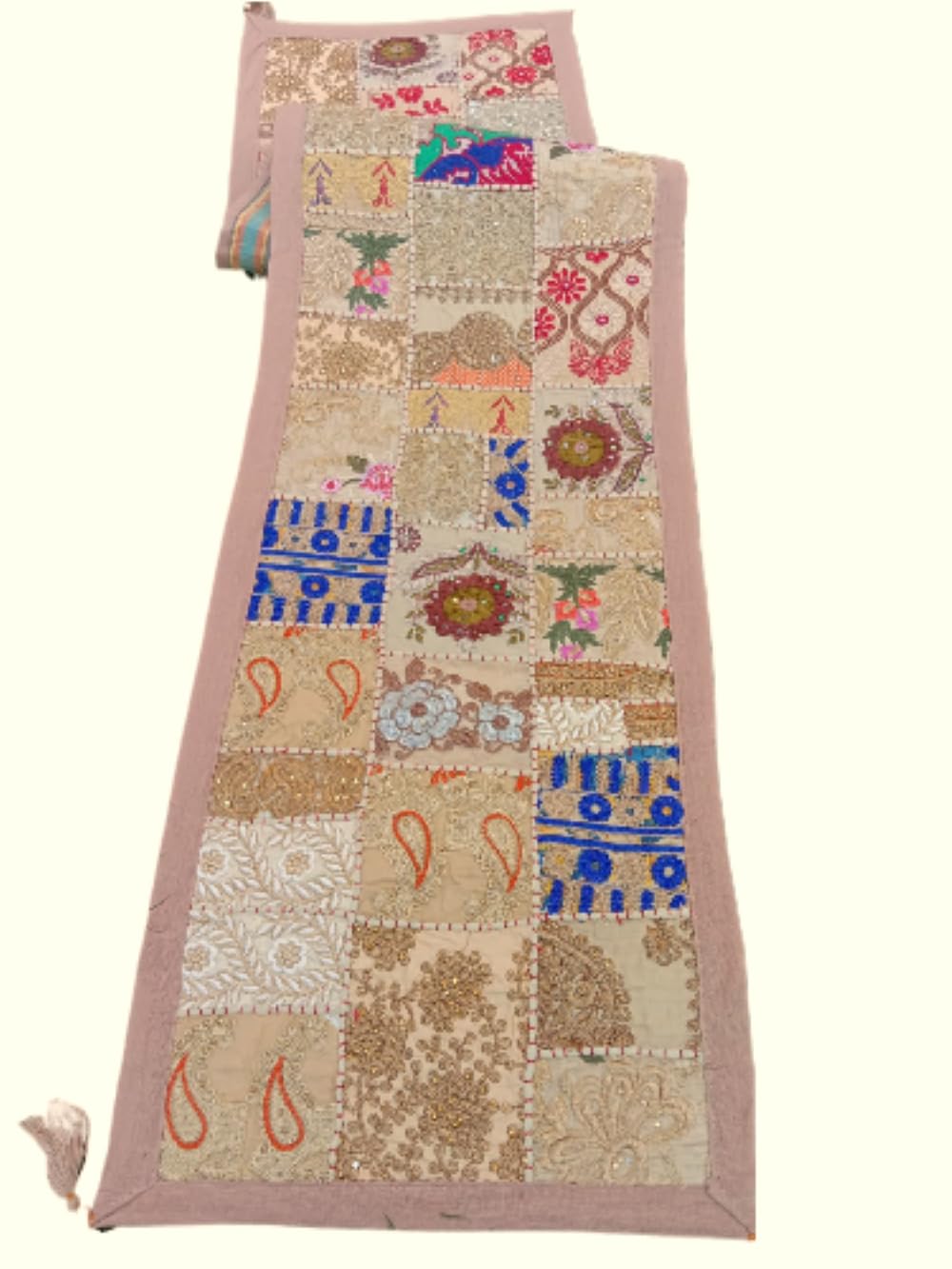Estationeryhouse Premium Quality Indian Handmade Vintage Patchwork Table Runner with Tassels Bohemian Wall Hanging Colorful Cotton Placemat for Dining Table (Light Brown, 16x72 Inch)