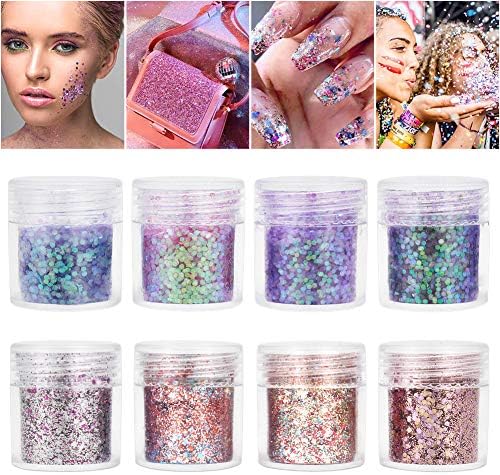 Face Glitter 8 color Chunky Glitter with Cosmetic Glitter Sparkling Parties and Festivals Decoration For Face, Eyes, Nails, Hair, and Body (8PCS)