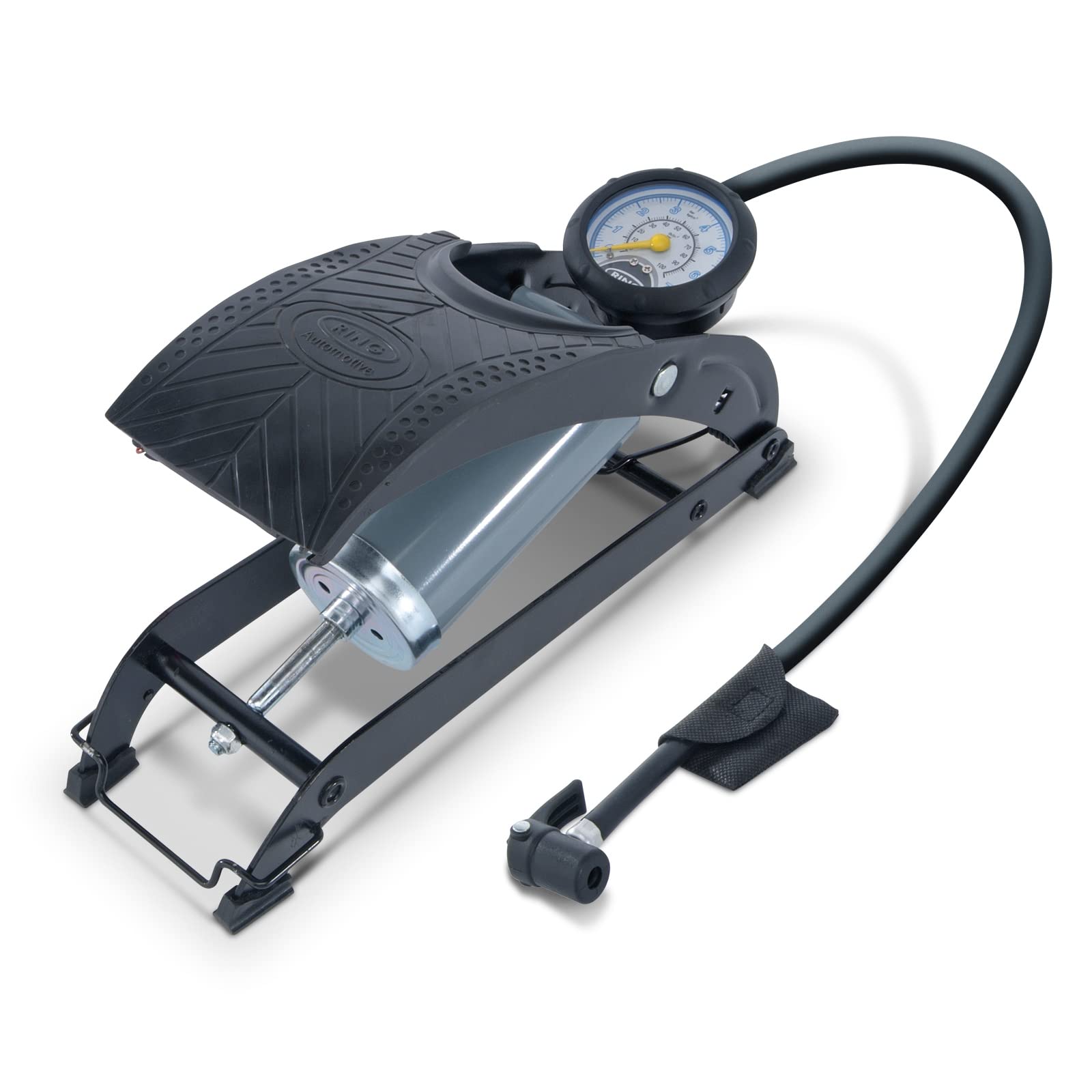 RING Single Barrel Foot Pump With Adaptor Kit - Durable Anti-Slip Rubber Tread Plate