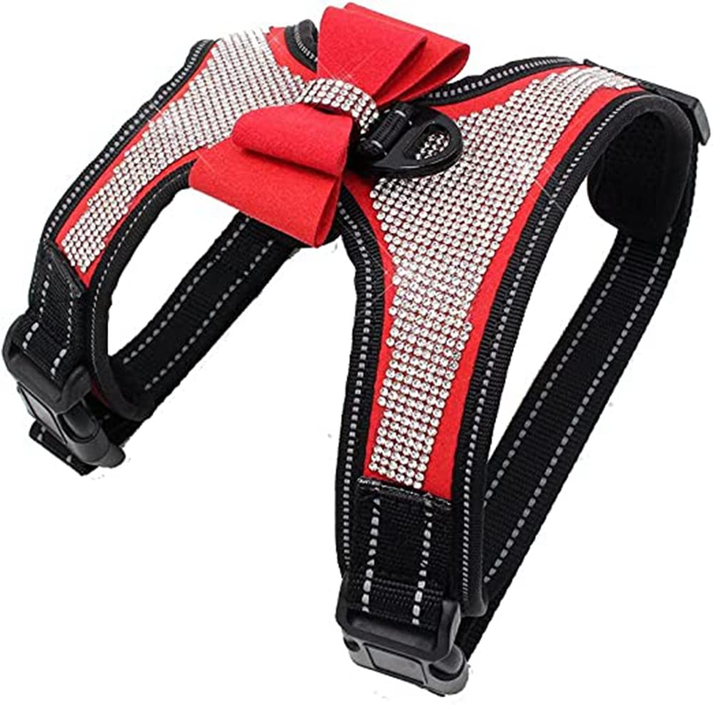 Dog Harness with Rhinestone Reflective, Cute Bling Ties Dog Harness Dog Leash, Reflective Chest Strap with Shiny Bow