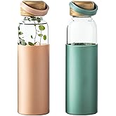 Snminetal 21oz Borosilicate Glass Water Bottle with Sleeve & Leakproof Lid - BPA Free Reusable Bottle for Gym,Office,Hiking - Reusable Glass Bottle Cu for Men and Women 2 Color (Pink+Green)