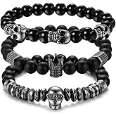 Flongo Men's Biker Stainless Steel Skull Skeleton 8MM Black Bead Stone Bracelet,Men Link Bead Bracelet for Christmas New Year (3 PC)
